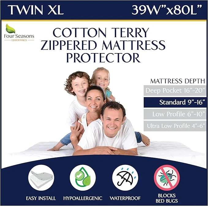Traditional Twin Extra Long XL Mattress Protector – Zippered Waterproof Mattress Cover – Deep Pocket Encasement with Cotton Terry Top Professional