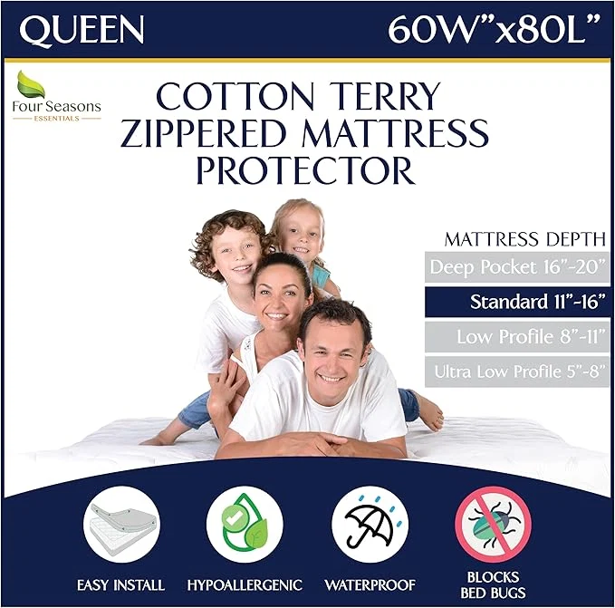 Secure Zippered Waterproof Mattress Encasements – Hypoallergenic Mattress Protector Cover with Soft Cotton Terry Fabric Top – Queen Size 60 39 x 80 39 Verified