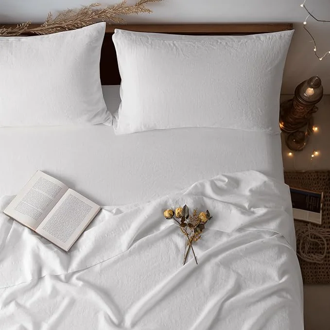 Trendy LBRO2M Pure Linen Sheet Set Deep Pocket Up to 16 quot Bed Sheets Sets Natural Flax Beddings Soft Breathable Comfortable for All Seasons 4 Pcs Sheet Set California King Size White Fast