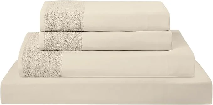 User-Friendly Modern Threads 4 Piece Microfiber Sheet Set – Soft Cooling Bed Sheets with Crochet Lace – Deep Pocket Wrinkle Breathable Hotel Luxury Bedding Beige Full Quality