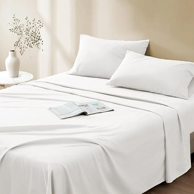 Natural Comfort Spaces Cotton Sheet Set Breathable Lightweight Soft with 14 quot Elastic Pocket Fits up to 16 quot Mattress All Season Cozy Bedding Matching Pillow Case Queen White 4 Piece Genuine