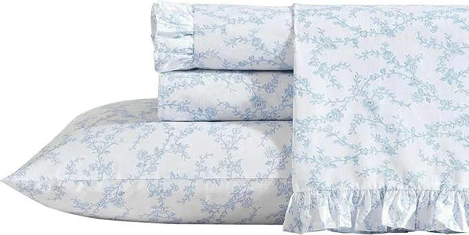 Consistent Laura Ashley – Twin Sheet Set Breathable Percale Cotton Bedding 200 Thread Count Floral Home Decor Victoria Blue Twin Modern