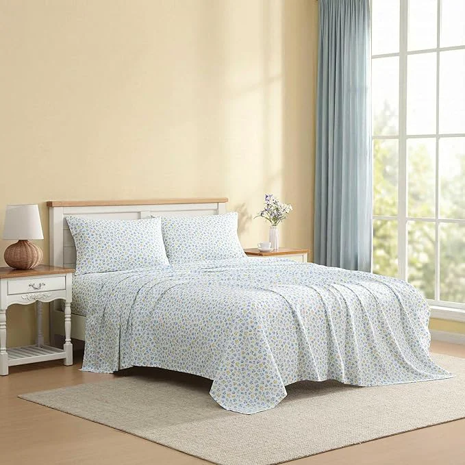 Secure Laura Ashley – Full Sheet Set Crisp amp Cool Cotton Percale Bedding for Year Round Comfort Deep Pocket Bed Sheets with Matching Pillowcases Ditsy Doodle Blue User-Friendly