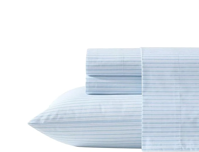 Modern Laura Ashley – Full Sheet Set Crisp amp Cool Cotton Percale Bed Sheets Deep Pockets Striped Bedding with Matching Fitted Sheet amp Pillowcases Bedford Skinny Stripe Blue Practical