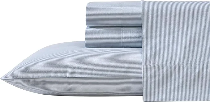 Flexible Nautica – Queen Size Sheets Set Crisp amp Tailored Bedding with a Smooth Cotton Percale Lightweight Feel – Bed Sheets with Matching Pillowcases amp Fitted Sheet Penny Pinstripe Blue Top-Quality
