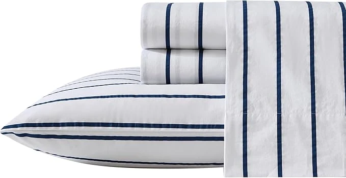 Traditional Nautica – King Sheet Set Cotton Percale Bedding Set Crisp amp Cool Lightweight amp Breathable Brenton Stripe Navy Blue King Next-Generation