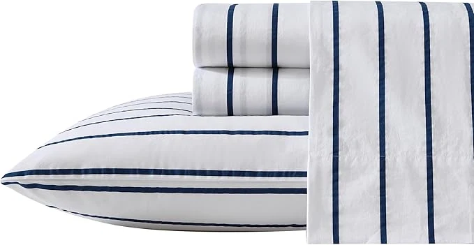 Eco-Friendly Nautica – Twin Sheet Set Cotton Percale Bedding Set Crisp amp Cool Lightweight amp Breathable Brenton Stripe Navy Blue Twin Carefully Designed