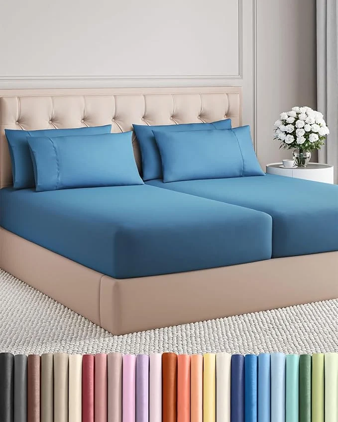 Specialty Split King 7 Piece Sheet Set – Comfy Breathable amp Cooling – Soft Hotel Luxury Bedding Set with 8-16 Inch Deep Pockets – 1 Flat amp 2 Fitted Sheet amp 4 Pillowcases – Wrinkle amp Easy Care – Denim Blue Exclusive
