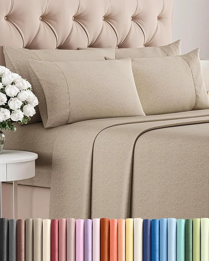 Original Design King 6 Piece Sheet Set – Comfy Breathable amp Cooling – Soft Hotel Luxury Bedding Set with 8-16 Inch Deep Pockets – 1 Flat amp 1 Fitted Sheet amp 4 Pillowcases – Wrinkle amp Easy Care – Heathered Beige Professional