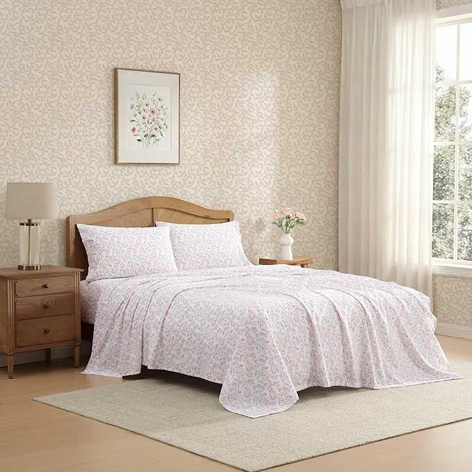 Reusable Laura Ashley – Twin XL Sheet Set Crisp amp Cool Cotton Percale Bedding for Year Round Comfort Deep Pocket Bed Sheets with Matching Pillowcase Blossom Bliss Pink Authentic