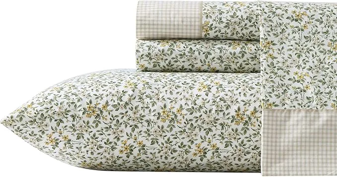 Fashionable Laura Ashley – Queen Sheet Set Breathable Percale Cotton Bedding with Deep Pockets Chic Home Decor Oeko-Tex Tierney Green Queen Reusable