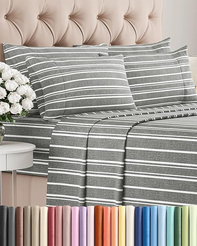Detailed Full 6 Piece Sheet Set – Comfy Breathable amp Cooling – Soft Hotel Luxury Bedding Set with 8-16 Inch Deep Pockets – 1 Flat amp 1 Fitted Sheet amp 4 Pillowcases – Wrinkle amp Easy Care – Grey Stripes 3 Classic