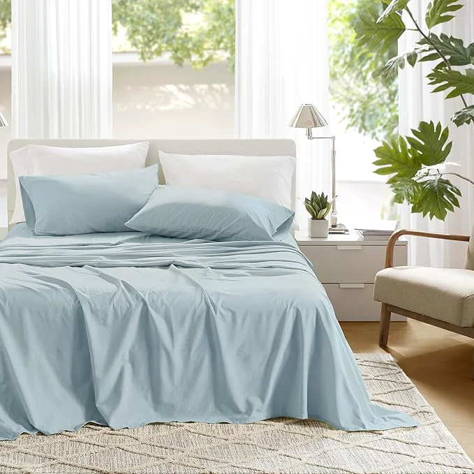 Genuine Comfort Spaces Cotton Sheets Twin XL Breathable Soft Cotton Sheets Naturally Cool Cotton Bed Sheets 12 quot Elastic Pocket Fits up to 14 quot Mattress All Season Sheet Set Twin XL Light Blue 3 Piece Flexible