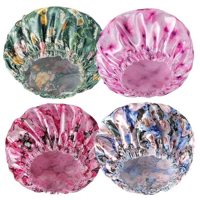 Premium Material 4 PCS Shower Caps for Women Printing Bath Caps Double Layers Shower Cap Fashionable