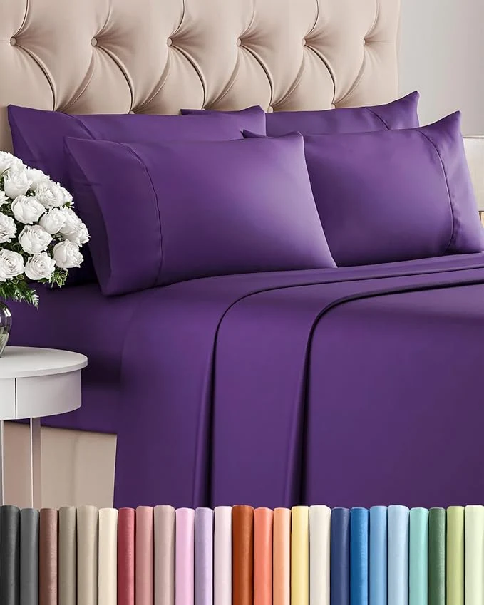 Pure Cal King 6 Piece Sheet Set – Comfy Breathable amp Cooling – Ultra-Soft Hotel Luxury Bedding Set with 8-16 Inch Deep Pockets – 1 Flat amp 1 Fitted Sheet amp 4 Pillowcases – Wrinkle amp Easy Care – Purple Fast