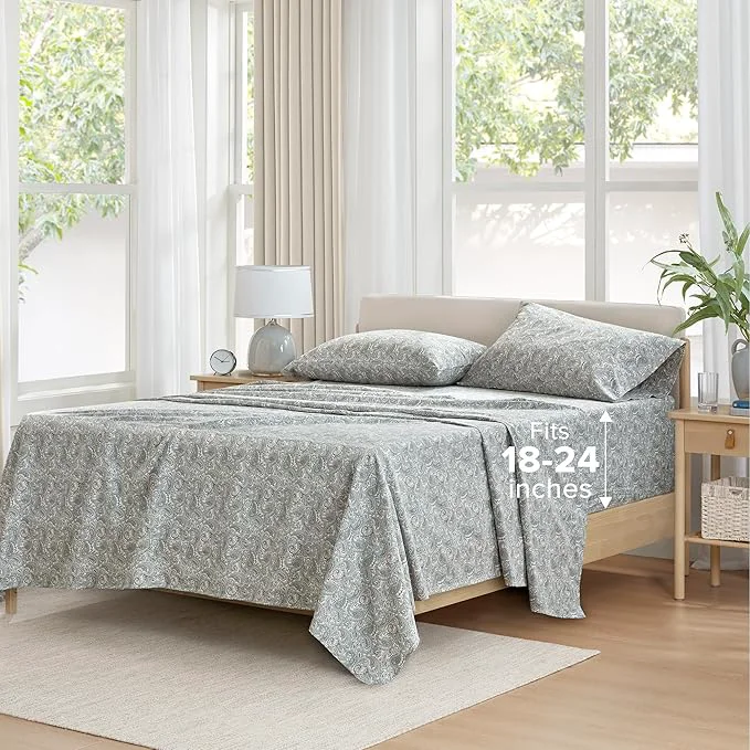 Crafted Comfort Spaces Extra Deep Pocket Cotton Queen Fits up to 24 quot Mattress Breathable Naturally Cool Cotton Soft Cotton Sheets All Seasons Sheet Set Paisley 4 Piece Smooth