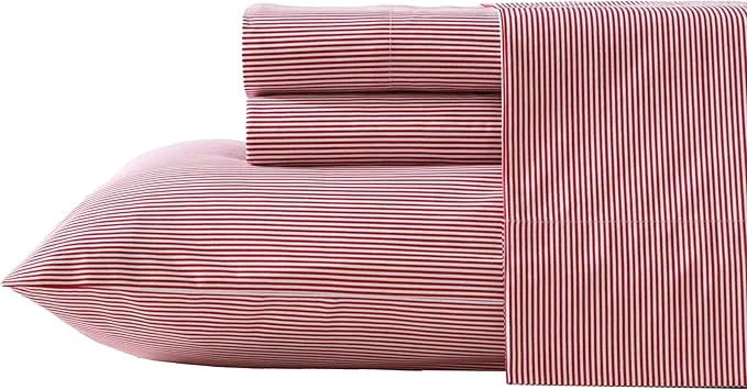Genuine Nautica – Full Sheet Set Lightweight amp Breathable Cotton Percale Bedding Set with Matching Sham s Crisp amp Cool Bedding Essentials Oeko-Tex Penny Pinstripe Red Full Long-Lasting