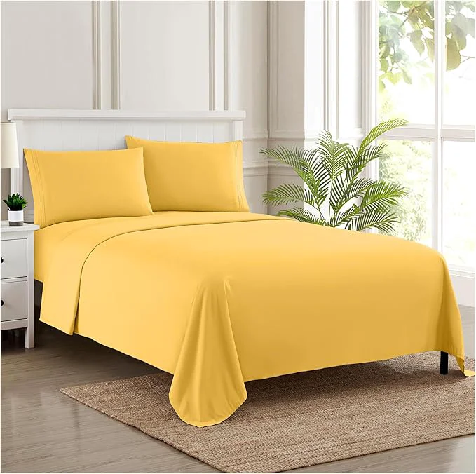 Exclusive RV Queen Bed Sheets – Breathable Luxury Sheets with Full Elastic amp Secure Corner Straps Built In – 1800 Supreme Collection Extra Soft Deep Pocket Bedding Set Sheet Set RV Short Queen Yellow Casual