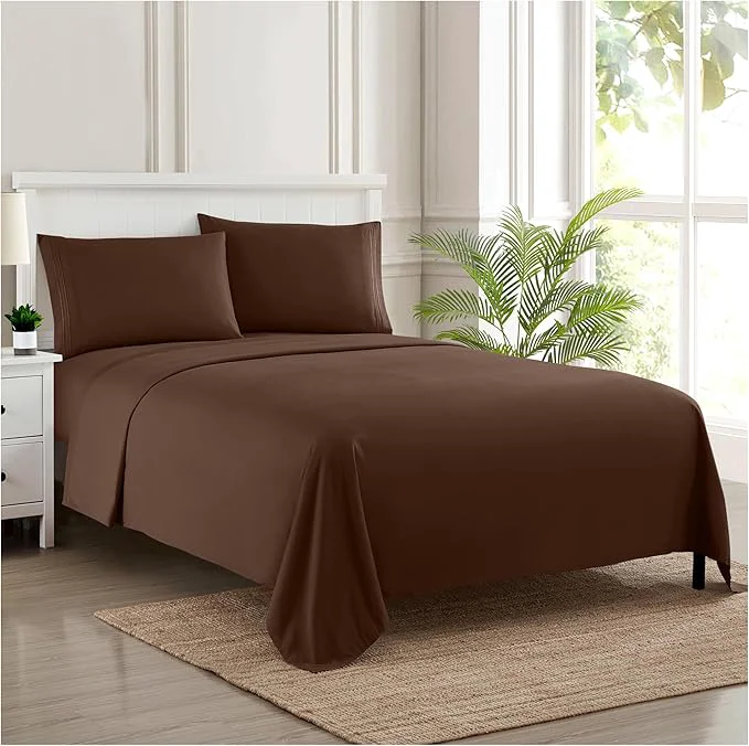 Specialty RV Queen Bed Sheets – Breathable Luxury Sheets with Full Elastic amp Secure Corner Straps Built In – 1800 Supreme Collection Extra Soft Deep Pocket Bedding Set Sheet Set RV Short Queen Brown Premium