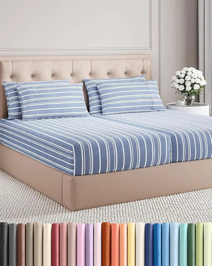 Premium Material Split King 7 Piece Sheet Set – Comfy Breathable amp Cooling – Soft Hotel Luxury Bedding Set w 8-16 Inch Deep Pockets – 1 Flat amp 2 Fitted Sheet amp 4 Pillowcases – Cozy and Wrinkle – Blue Stripes 3 Pure