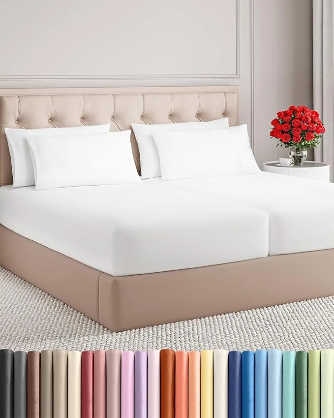 User-Friendly Split King Sheets Set 7 Piece – Includes 4 Pillowcases – Bed Sheets Split King – Soft Hotel Luxury Bedding – Cooling Comfy amp Breathable – 1 Flat amp 2 Fitted amp 4 Pillowcases w Deep Pockets – White High-Grade