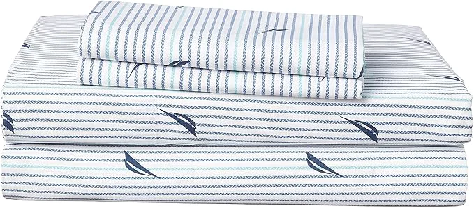 Specialty Nautica – Queen Sheets Cotton Percale Bedding Set Casual Home Decor Audley Stripe Blue Queen High-Performance