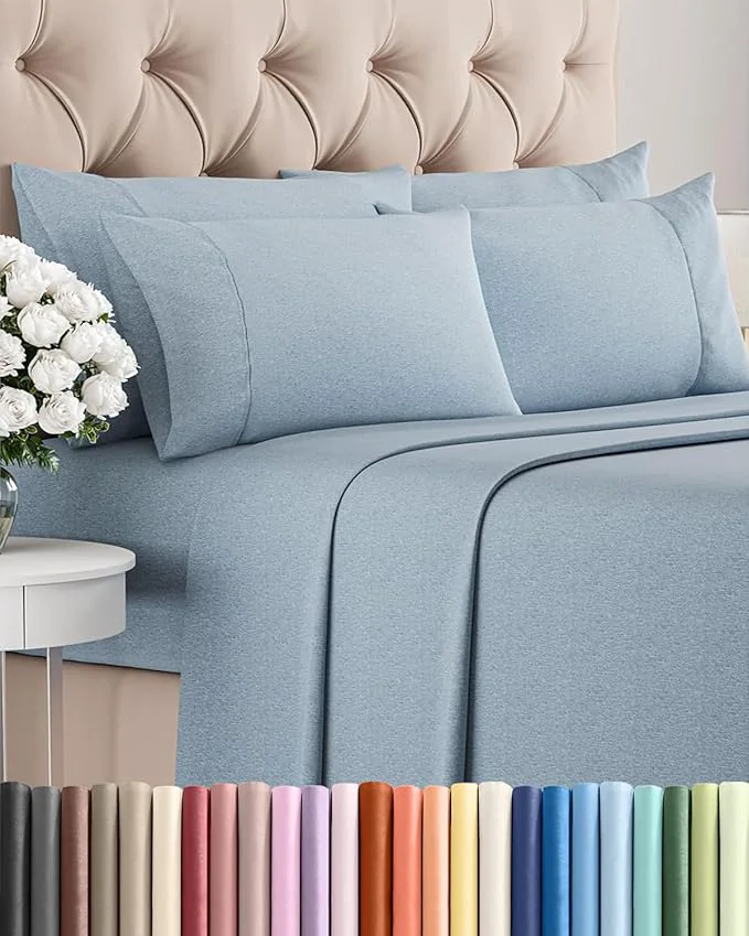 Top-Quality Queen 6 Piece Sheet Set – Comfy Breathable amp Cooling – Soft Hotel Luxury Bedding Set with 8-16 Inch Deep Pockets – 1 Flat amp 1 Fitted Sheet amp 4 Pillowcases – Wrinkle amp Easy Care – Heathered Blue Superior