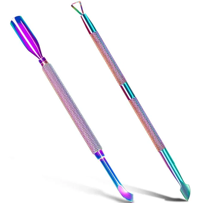 Fashionable 2PCS Metal Cuticle Pusher and Scraper Colorful Nail Trimmer Cutter Stainless Organic