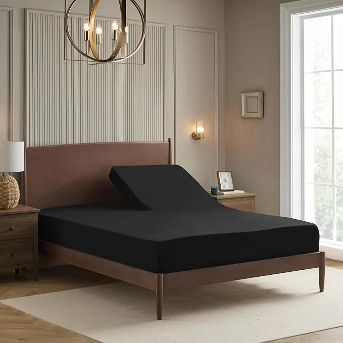 User-Friendly Split Head King Sheets Set for Adjustable Beds 4 Piece Flex Top Bed Sheets – Deep Pocket Split Top Fitted Sheet with Built-in Corner Straps Luxury Soft Cooling Bedding Wrinkle Resistant Black High-End