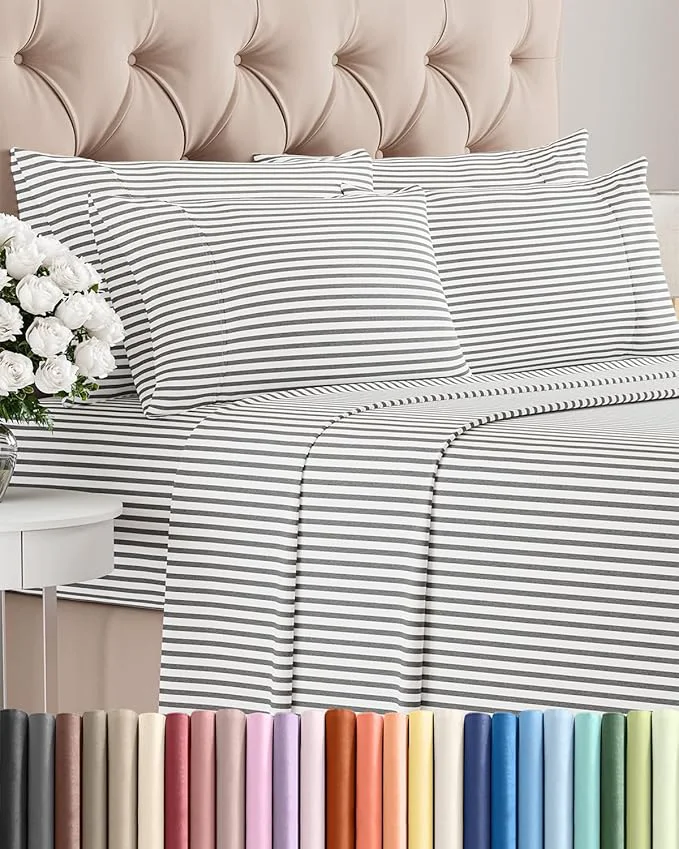 Elegant Full 6 Piece Sheet Set – Comfy Breathable amp Cooling – Soft Hotel Luxury Bedding Set with 8-16 Inch Deep Pockets – 1 Flat amp 1 Fitted Sheet amp 4 Pillowcases – Wrinkle amp Easy Care – Grey Stripes 2 Top-Quality
