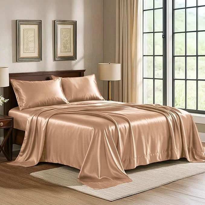 Authentic Satin Sheets Twin 3-Piece Rose Gold Hotel Luxury Silky Bed Sheets – Extra Soft 1800 Microfiber Sheet Set Wrinkle Fade Stain Resistant – Deep Pocket Fitted Sheet Flat Sheet Pillow Cases Original Design