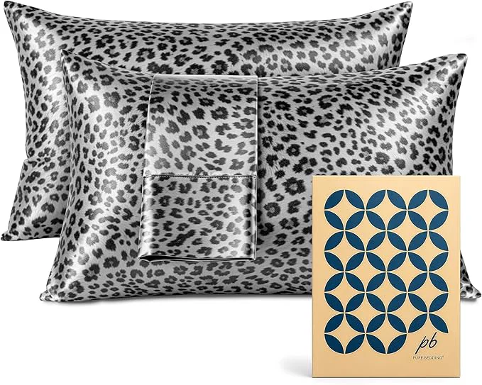 Original Design Pure Bedding Satin Pillowcase 2 Pack – Queen Size 20 quot x30 quot Silver Leopard – Silky Pillow Cases for Hair and Skin – Satin Pillow Covers with Envelope Closure – Extra Soft Premium Microfiber