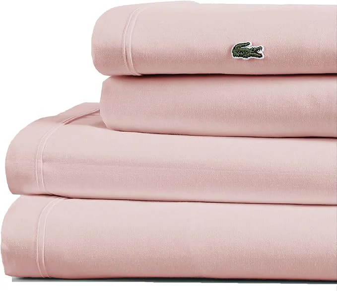 Authentic Lacoste Cotton Percale 4-Piece Sheet Set – Cool Crisp Matte and Durable Oeko-Tex – Solid Iced Pink California King Practical