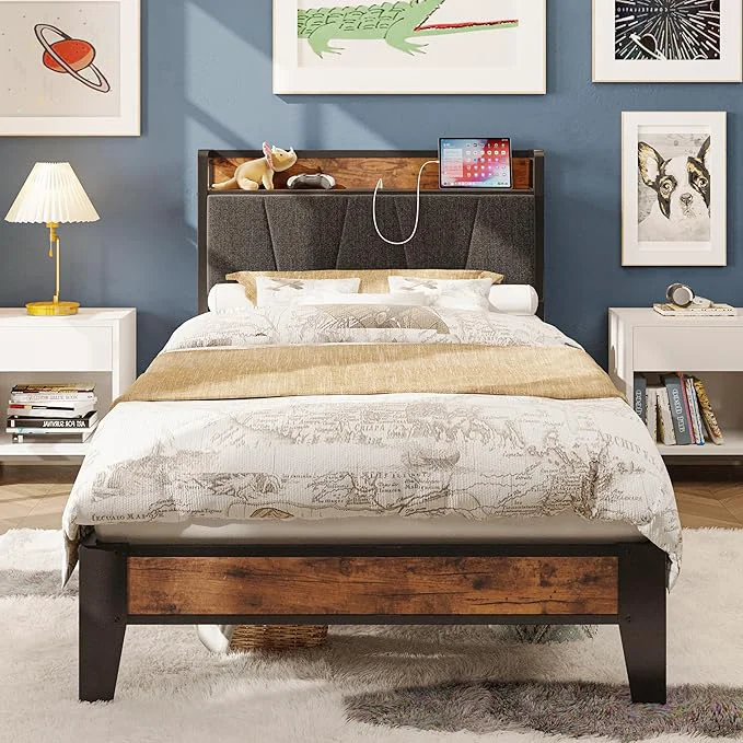 Artisan LIKIMIO Twin XL Bed Frames Storage Headboard with Charging Station Solid and Stable Noise No Box Spring Needed Easy Assembly User-Friendly