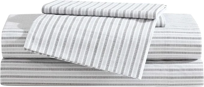 Traditional Eddie Bauer – Queen Sheet Set Cotton Percale Bedding Set Super Soft and Bedding Set Oeko-Tex Ticking Stripe Grey Queen Original