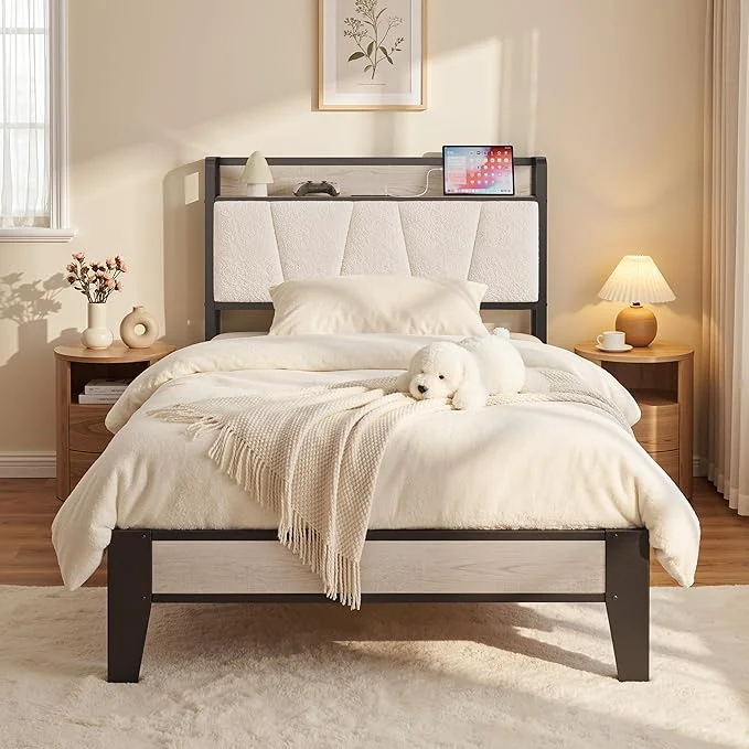 Exceptional LIKIMIO Twin XL Bed Frames Bouclé Storage Headboard with Charging Station Solid and Stable Noise No Box Spring Needed Easy Assembly Exclusive