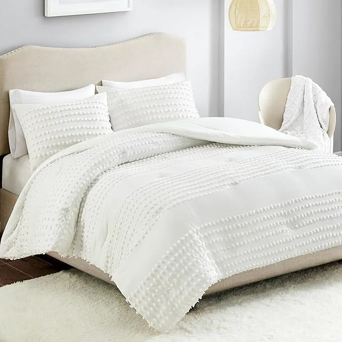 Superior Comfort Spaces Cotton Comforter Set Jacquard Pom-Pom Tufts Design Down All Season Modern Bedding Matching Shams Twin Twin XL Phillips Ivory Minimalist