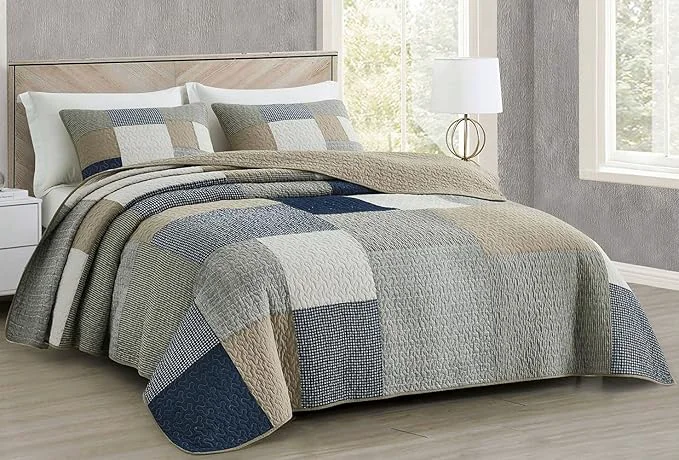 Prestigious Chezmoi Collection Addy 3-Piece Navy Blue White Gray Taupe Plaid Patchwork Quilt Set – Pre-Washed Cotton Coverlet – Lightweight Reversible Bedspread Queen Size Innovative