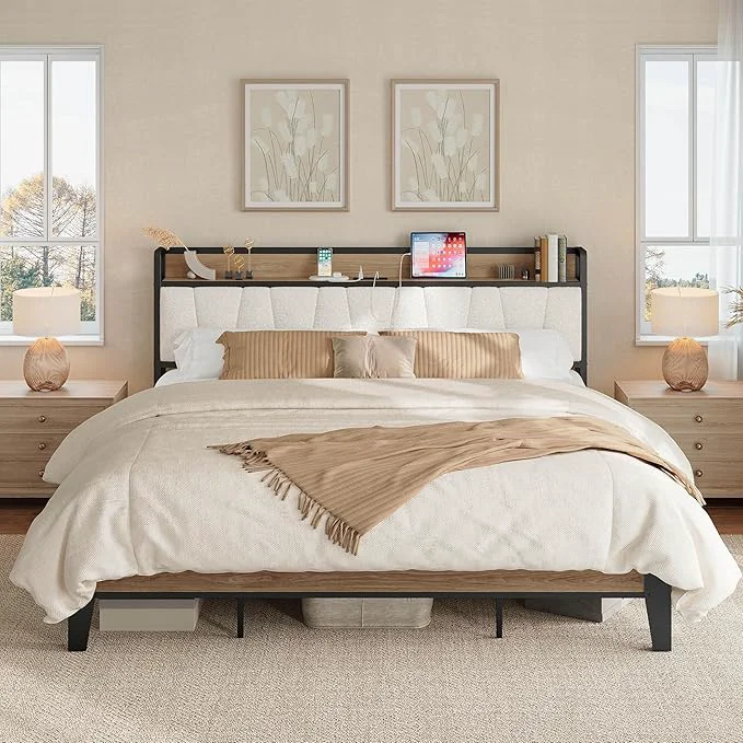 Consistent LIKIMIO King Bed Frames Storage Headboard with Charging Station Solid and Stable Noise No Box Spring Needed Easy Assembly Wood and Cream Exceptional