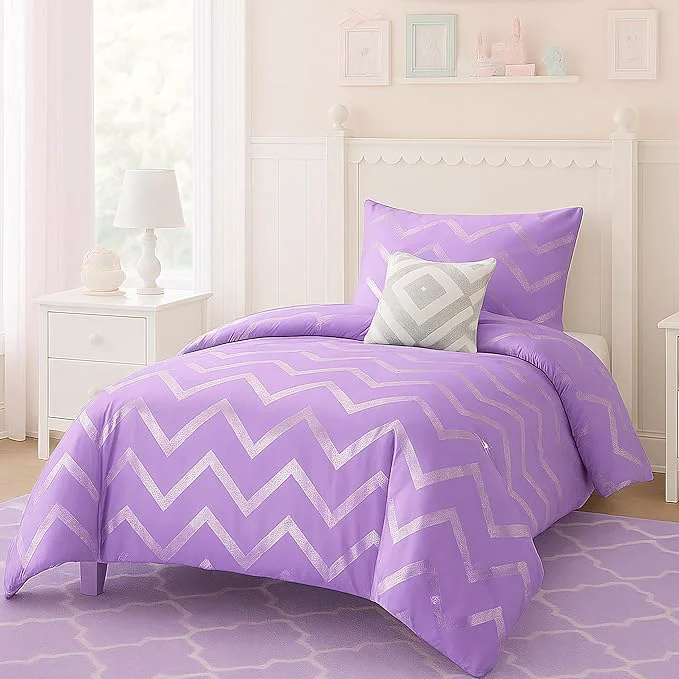 Long-Lasting Codi Twin XL Bedding Set – Cute Purple Bed Set Metallc Print Comforter – 3 Piece Sets for Girls Includes 1 Comforter 1 Decorative Pillow and 1 Pillow Case – All Season Lightweight and Warm Top-Quality