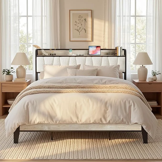 First-Class LIKIMIO California King Bed Frames Bouclé Storage Headboard with Charging Station Solid and Stable Noise No Box Spring Needed Easy Assembly Contemporary