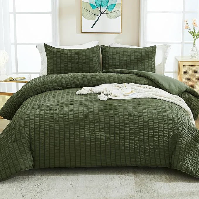 World-Class AveLom Dark Olive Green Seersucker King Comforter Set 104×90 inches 3 Pieces- Soft Washed Microfiber Lightweight Comforter with 2 Pillowcases All Season Down Bedding Set Proven