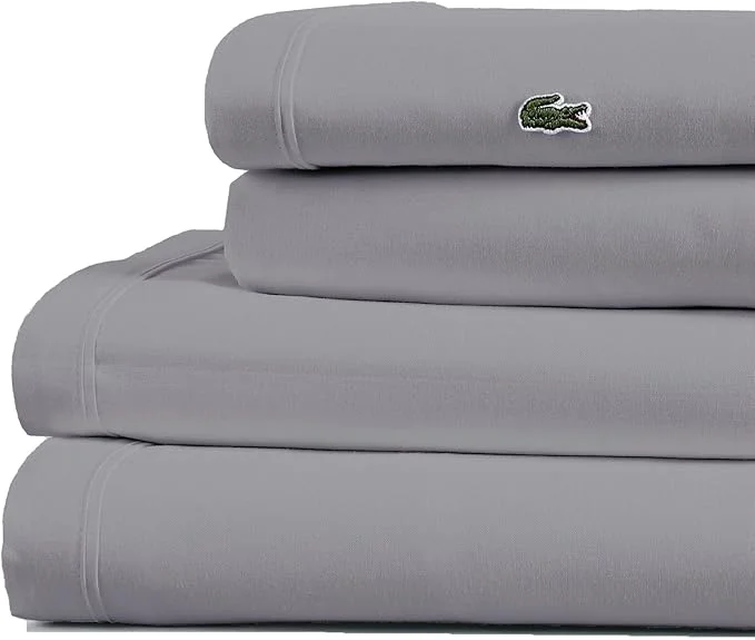 Detailed Lacoste Cotton Percale 3-Piece Sheet Set – Cool Crisp Matte and Durable Oeko-Tex – Solid Sleet Twin XL Exceptional