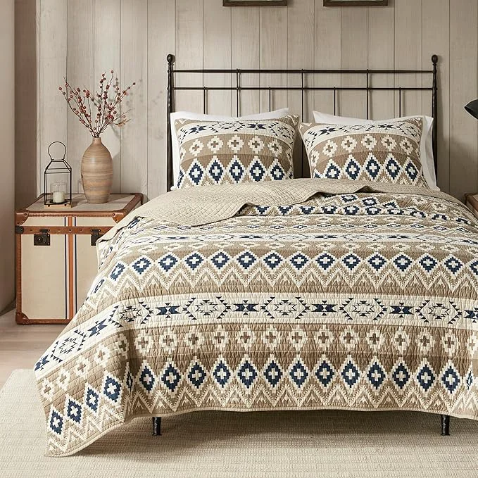 First-Class Woolrich Reversible Quilt Cabin Lifestyle Design – All Season Breathable Coverlet Bedspread Bedding Set Matching Shams Oversized Full Queen Montana Tribal Tan 3 Piece Sophisticated