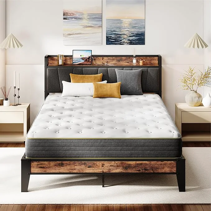 Sophisticated LIKIMIO Full XL Bed Frame Storage Headboard with Charging Station Solid and Stable Noise No Box Spring Needed Easy Assembly Luxury
