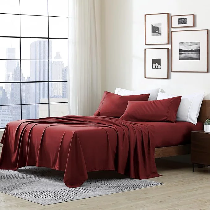 World-Class Cathay Home Essentials Ultra Soft Hypoallergenic Wrinkle Resistant Double Brushed Microfiber Bedding Sheet Set Burgundy Twin XL Certified