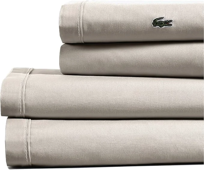 Contemporary Lacoste Cotton Percale 4-Piece Sheet Set – Cool Crisp Matte and Durable Oeko-Tex – Solid Pumice Stone Full Professional
