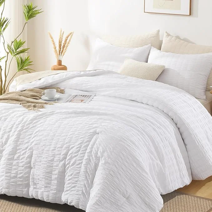 Prestigious AveLom Seersucker White Comforter Set Full 3 Pieces- Soft Washed Microfiber Lightweight Comforter with 2 Pillowcases All Season Down Bedding Set 80×90 inches Refined