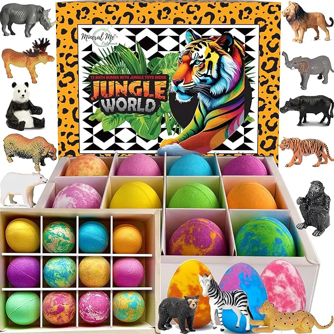 Safe Bath Bombs for Kids with Surprise Inside- 12 pk Kids Bath Bombs with Jungle Toys Environmentally Friendly