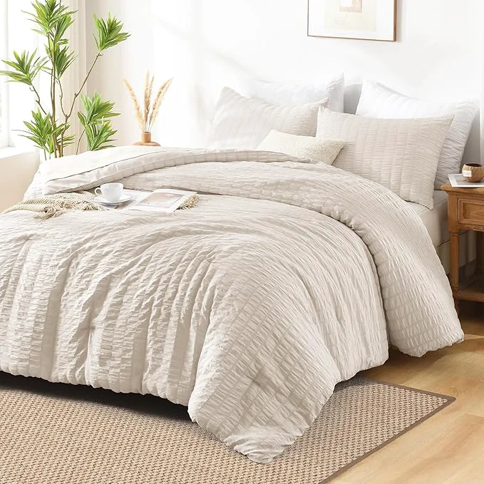 Elite AveLom Beige Seersucker California King Comforter Set 104×96 inches 3 Pieces- Soft Washed Microfiber Lightweight Comforter with 2 Pillowcases All Season Down Bedding Set Original